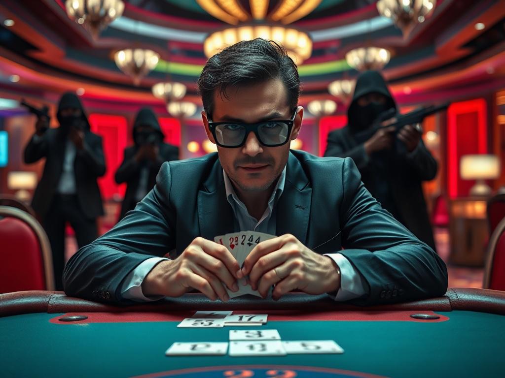 A highly detailed and realistic high-resolution still from a movie scene featuring a mysterious player wearing black glasses sitting at a poker table in a luxurious casino. The player has a confident smirk, showcasing a winning poker hand. In the background, there are shadowy figures of terrorists holding guns, creating a tense atmosphere. The casino is lavishly decorated with vibrant colors and elegant lighting, emphasizing the contrast between the opulence of the setting and the danger lurking behind. The