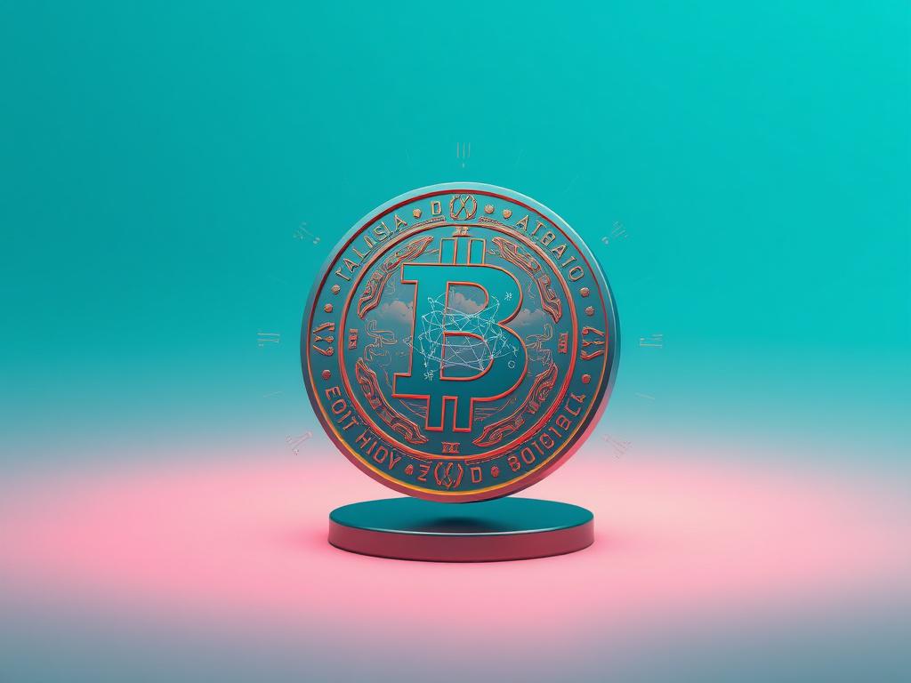 **AI Image Generation Prompt:**

Create a realistic high-resolution photo that visually embodies a decentralized film financing system with the title "Децентрализованная система финансирования кинопроектов за 3 простых шага." 

**Composition:** The image should be simple and clear, featuring a single striking subject. 

**Subject Matter:** The central focus should be a visually captivating film token, resembling a futuristic, sleek digital coin that has intricate designs symbolizing film and blockchain tech