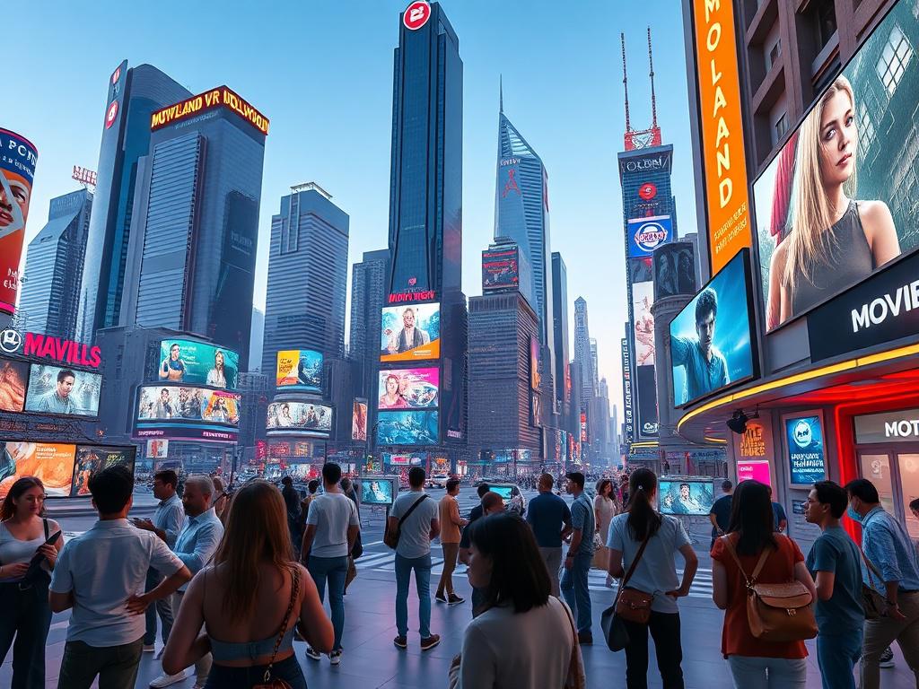 A highly detailed, realistic high-resolution photo of a vibrant virtual reality cityscape representing MovieLand VR. The scene should depict a futuristic city filled with tall, sleek skyscrapers, colorful neon lights, and dynamic digital billboards showcasing movie projects. In the foreground, a group of diverse individuals is engaged in various activities: watching movies on large screens, discussing projects, and networking within a bustling, modern environment. The background should feature a clear blue 