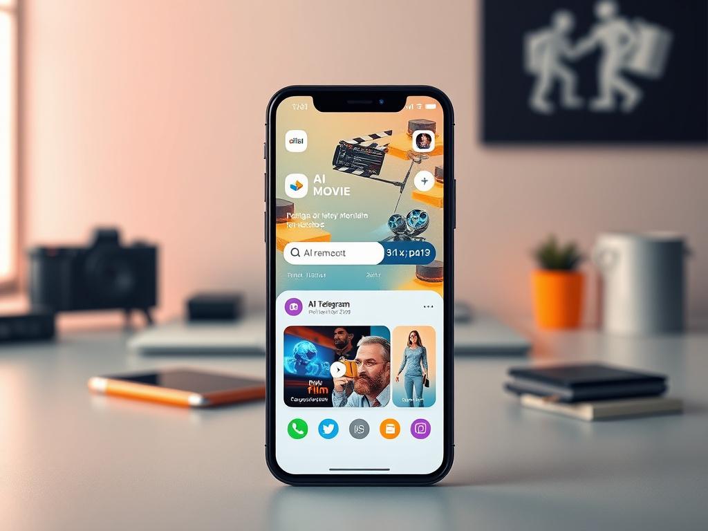 A sleek, modern smartphone displaying a vibrant Telegram interface featuring a web3 mini app for AI Movie projects. The background is a minimalistic workspace with clean lines and bold colors, emphasizing technological innovation. The smartphone screen should show engaging visuals related to film production, such as movie reels and AI graphics, all rendered in photorealistic detail.