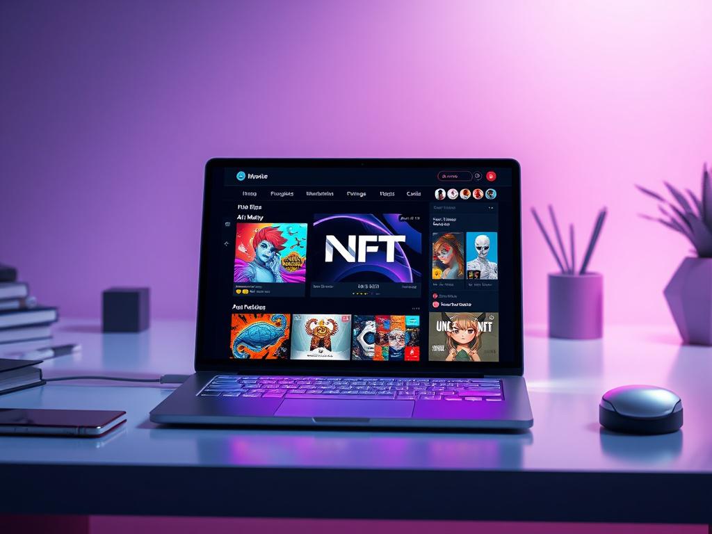 A realistic high-resolution image showcasing a vibrant, visually appealing NFT marketplace interface on a sleek digital device. The focus is on a prominent AI Movie NFT displayed on the screen, emphasizing its unique design and colorful artwork. The background is minimalistic, featuring a clean and modern workspace with subtle lighting that highlights the digital device. The overall composition is simple yet striking, emphasizing the innovative nature of the NFT marketplace.