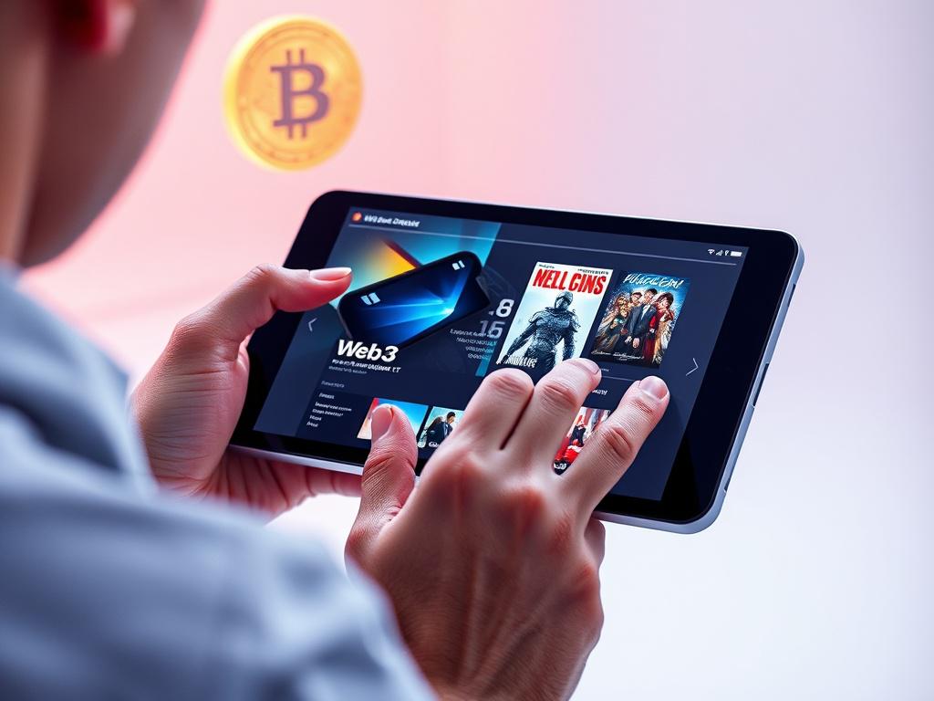 A user engaging with a sleek, futuristic interface of a Web3 mini app on a modern device, such as a tablet or smartphone. The screen displays a vibrant movie poster, hinting at the cinematic experience. The environment is clean and minimalistic, with soft lighting that enhances the high-tech feel. In the background, subtle hints of blockchain technology are portrayed, like digital tokens and abstract representations of decentralized networks. The overall composition should be clear, focusing solely on the u