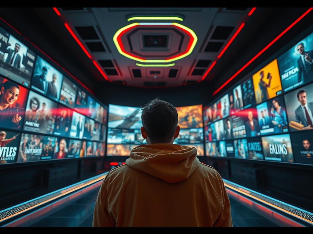 A vibrant, photorealistic image of a user engrossed in a futuristic cinema environment, surrounded by screens displaying various movie genres. The setting should be sleek and modern, with clean lines and bold colors, emphasizing the immersive experience of the CINEMADROM Metaverse.