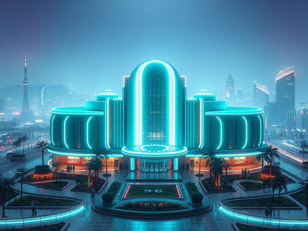**AI Image Generation Prompt:**

Create a high-resolution, realistic image representing the concept of the "MovieLand" DAO, which symbolizes the new Web3 Hollywood within the CINEMADROM metaverse. The composition should feature a single majestic VR cinema complex as the main subject, showcasing a futuristic, vibrant building with glossy finishes, illuminated by neon lights in shades of teal, emblematic of Web3 innovation.

The cinema complex should be designed with an inviting entrance, surrounded by lush g