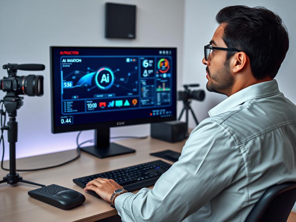 A realistic high-resolution photo of a filmmaker sitting at a modern workstation, interacting with a sleek computer interface displaying AI technology for film production. The room is well-lit and minimalistic, with a focus on the filmmaker's engaged expression and the vibrant colors of the computer screen. The background should be clean and organized, emphasizing essential elements like a camera and film equipment subtly placed, embodying the essence of innovation in filmmaking.