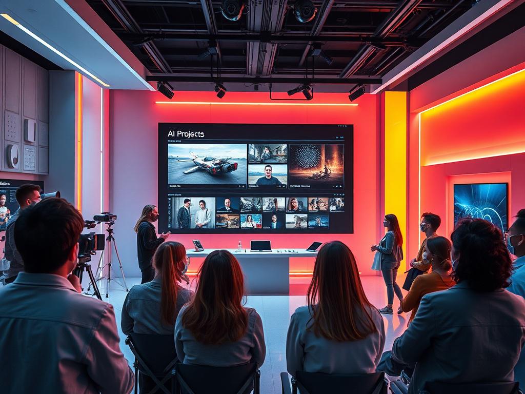 A stunning high-resolution image showcasing a futuristic film project presentation. The scene features a sleek, modern film studio environment with an AI interface displayed on a large screen, highlighting unique film projects. In the foreground, a diverse group of filmmakers and viewers are engaged, looking excited and inspired. The background consists of minimalistic design elements with clean lines and bold vibrant colors, primarily in the rgb(4, 104, 120) color scheme, emphasizing innovation and creativ
