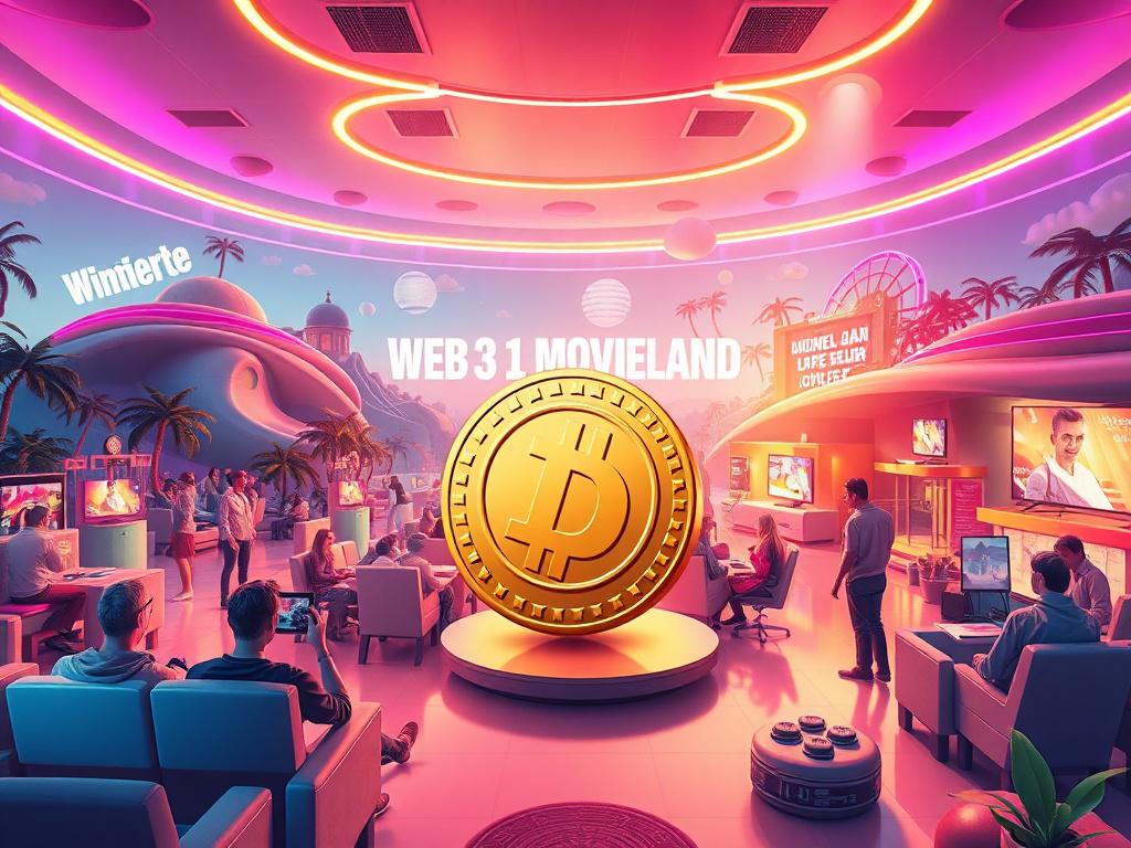 A photorealistic rendering of a vibrant virtual reality landscape representing the new Web3 Hollywood, named DAO MovieLand. The scene should depict users engaging in various fun activities, such as watching films, interacting with filmmakers, and enjoying a dynamic environment filled with colorful and futuristic elements. Include a prominent display of the LUMIERE coin symbolizing rewards and earnings. The composition should be minimalistic with clean lines and a focus on essential elements, all rendered in