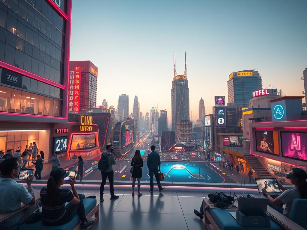 A photorealistic high-resolution image showcasing a virtual reality cityscape designed for AI Movie projects. The scene should depict a vibrant, futuristic city with sleek architecture, colorful lights, and a bustling atmosphere. In the foreground, users are engaged in various activities, such as watching movies, collaborating on projects, and interacting with AI elements. The background should feature a clear sky, emphasizing a sense of adventure and innovation. The overall composition should be minimalist