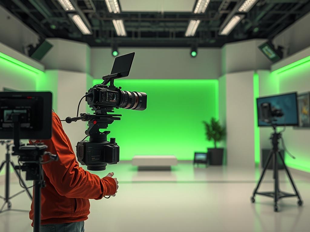 A futuristic filmmaker using advanced AI technology to create a