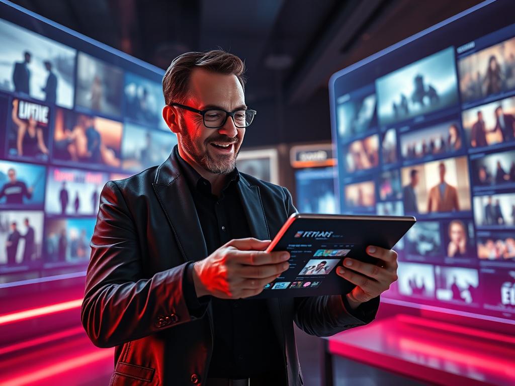 An enthusiastic investor analyzing a digital portfolio of film projects