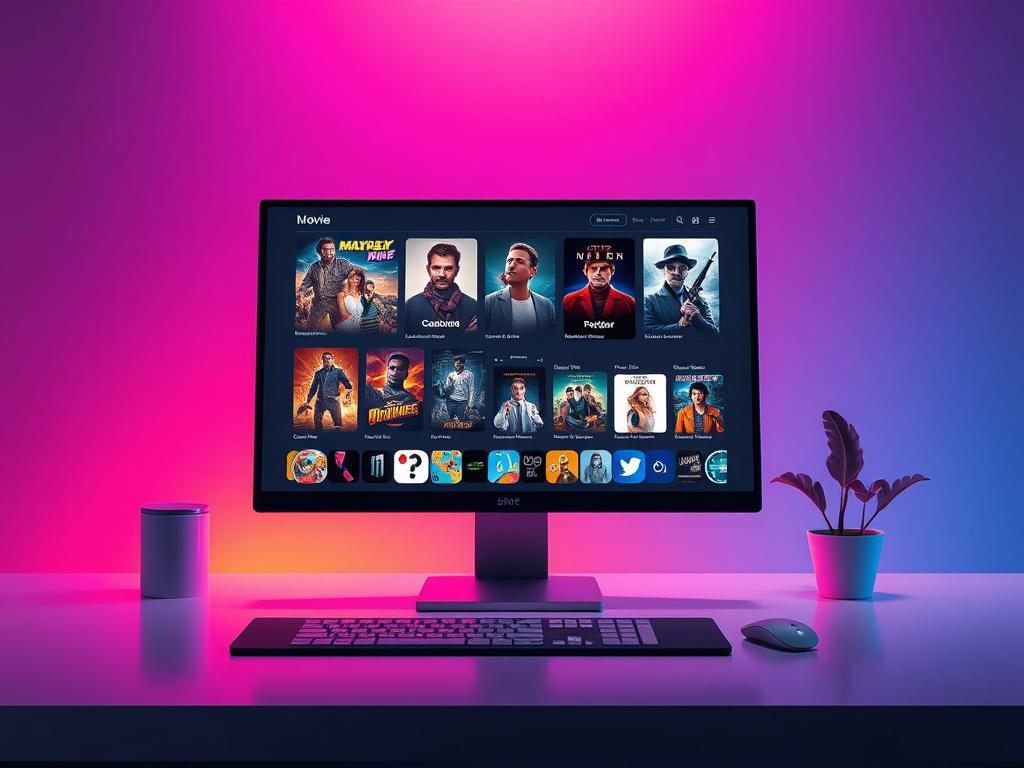 A realistic high-resolution photo of a vibrant digital marketplace showcasing an AI Movie NFT platform. The scene should feature a sleek, modern interface on a computer screen, displaying various digital collectibles like movie posters and tokens, rendered in photorealistic detail. The background should be minimalistic with clean lines and bold vibrant colors, emphasizing the primary color rgb(4, 104, 120). The focus should be on the computer screen with the digital collectibles, creating a sense of innovat