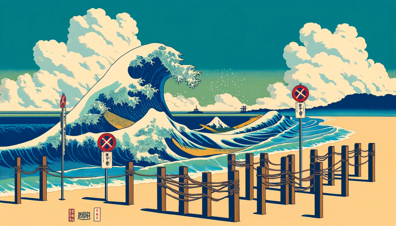 dall·e 2024-05-29 11.19.34 - a japanese ukiyo-e style artwork of a coastal scene with waves, a clear blue sky, and a beach. the image includes signs and ropes blocking off the bea.webp