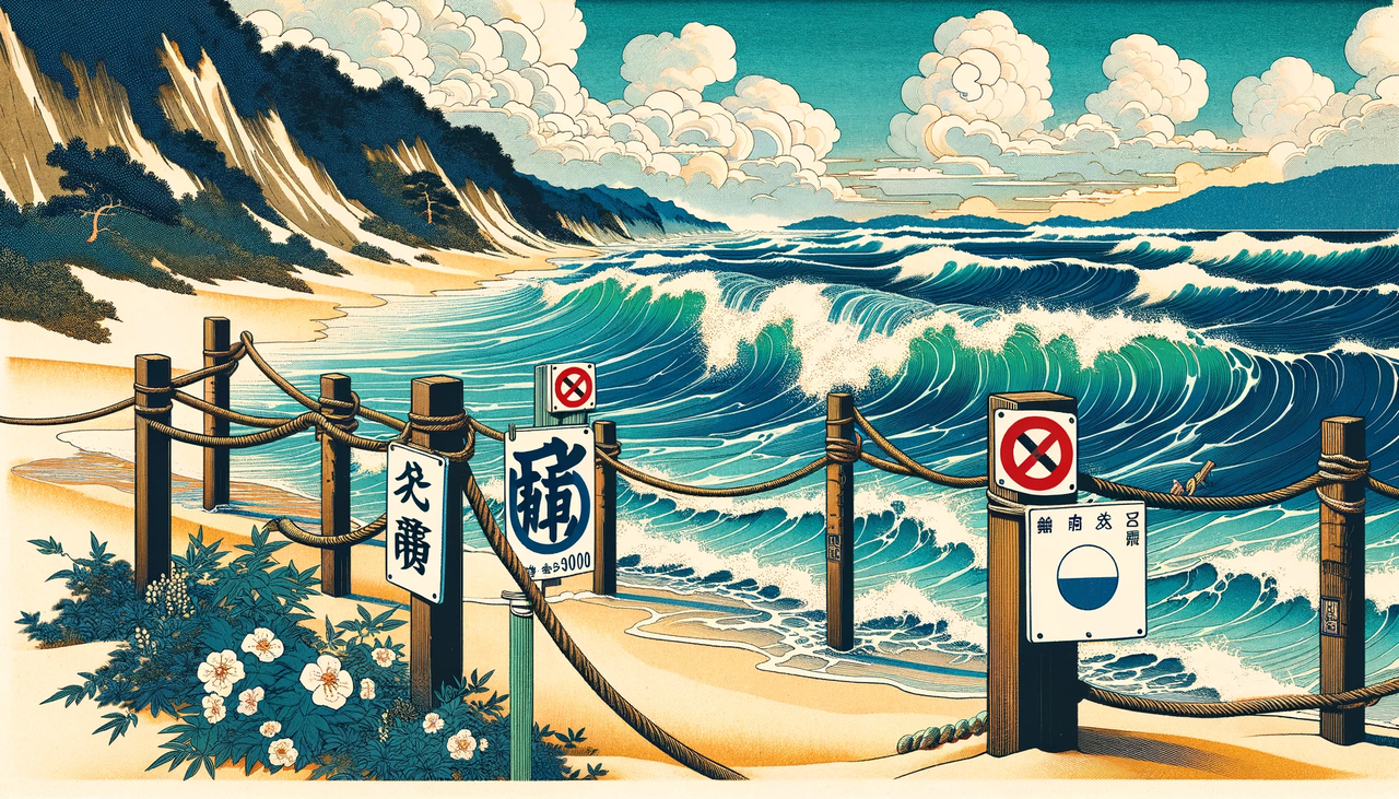 dall·e 2024-05-29 11.19.27 - a japanese ukiyo-e style artwork of a coastal scene with waves, a clear blue sky, and a beach. the image includes signs and ropes blocking off the bea.webp