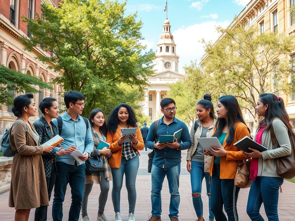A realistic high-resolution photo of a diverse group of international students on a college campus in the USA. The scene captures students engaged in discussion with books and laptops, showcasing a vibrant and inclusive atmosphere. The background features iconic American architecture, lush green trees, and a bright blue sky, reflecting a welcoming educational environment.