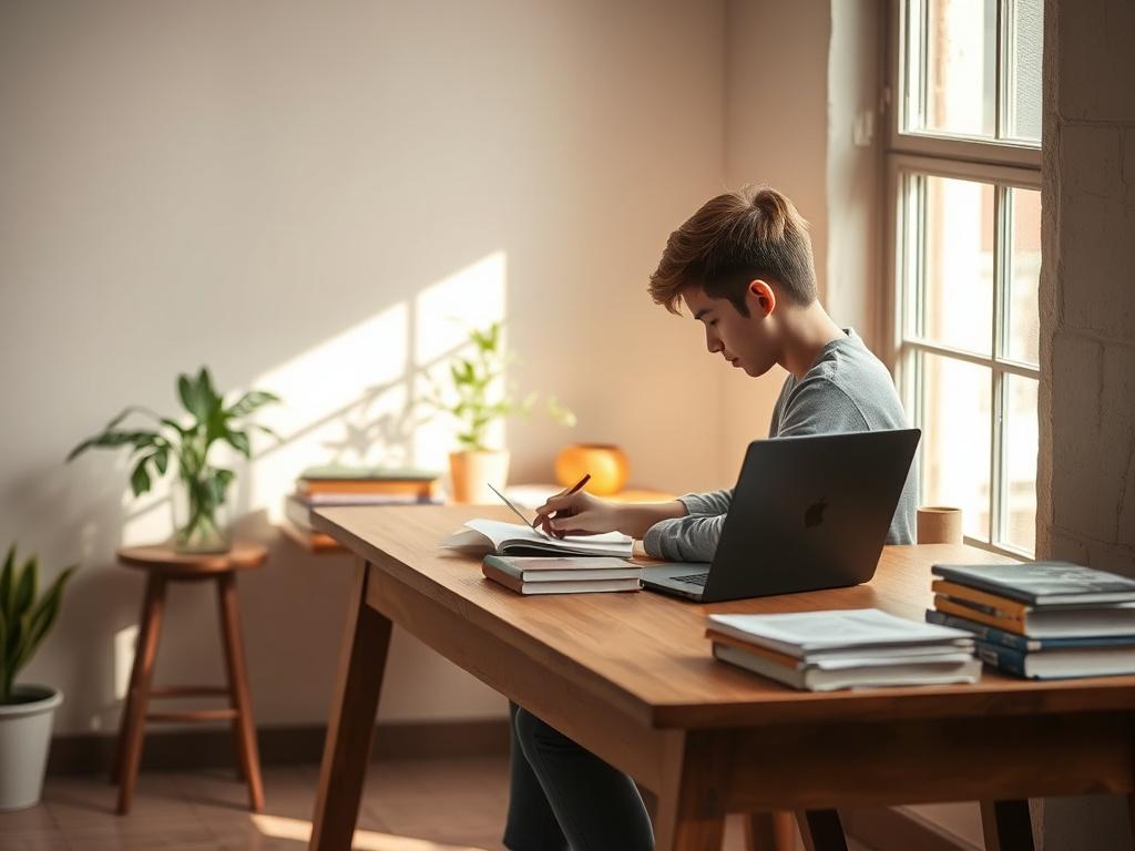 A serene study environment featuring a focused student studying for an exam. The student is seated at a wooden desk, surrounded by books and a laptop. Soft, natural light filters through a window, illuminating the space. The background includes a small indoor plant and a stack of papers, creating a warm and inviting atmosphere that emphasizes the importance of education and preparation.
