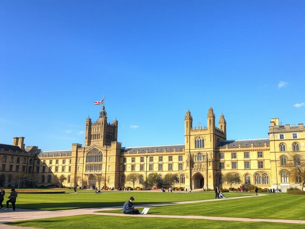 A scenic view of a prestigious UK university campus, featuring iconic architecture, lush green lawns, and students studying outdoors. The image should capture the grandeur of the institution with a clear blue sky in the background, creating a vibrant and inviting atmosphere.