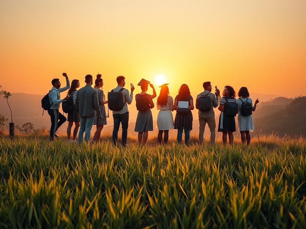A serene landscape depicting a diverse group of students standing on a hilltop, celebrating their academic achievements. The sun sets in the background, casting a warm golden light, symbolizing hope and aspiration. The students, of various ethnic backgrounds, hold diplomas and look towards a bright future, showcasing the essence of education and dreams. The foreground features lush green grass, enhancing the feeling of growth and success.