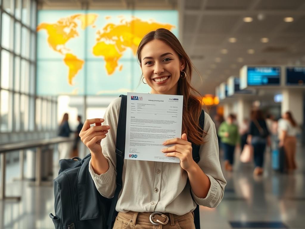 An image of a smiling young woman holding her visa approval letter while standing in front of an airport terminal. She wears a stylish travel outfit and carries a backpack, symbolizing her journey abroad. The terminal in the background is bustling with travelers, showcasing the excitement of international travel. A vibrant world map can be seen on the wall inside the terminal, emphasizing global opportunities.
