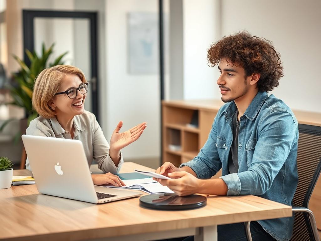 A friendly education consultant seated at a modern desk in a bright office, engaged in a conversation with a young student. The consultant, a middle-aged woman with glasses, is gesturing towards a laptop that displays university options. The student, a young man with curly hair, is taking notes, looking intrigued. A potted plant in the background adds a touch of greenery, representing growth and opportunity.