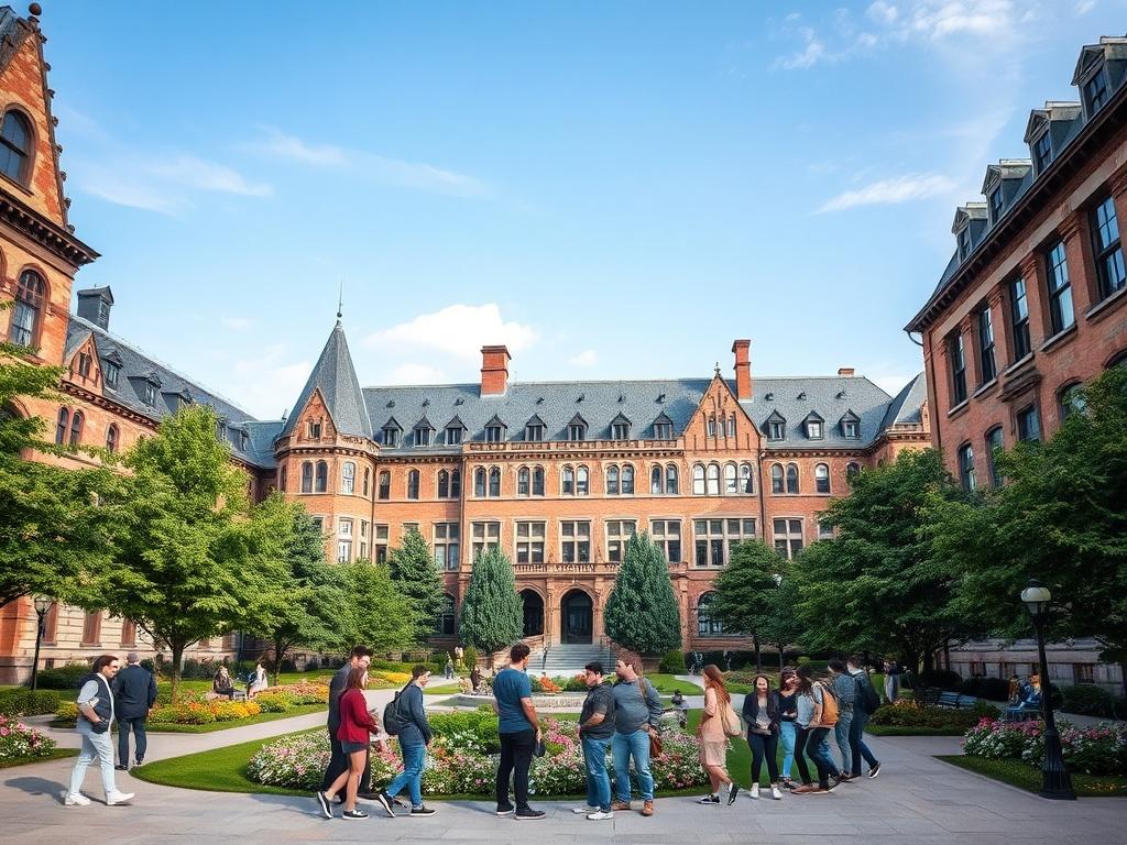 A high-resolution photo of a prestigious Canadian university campus, showcasing a blend of historic and modern architecture. The scene includes students of diverse backgrounds engaging with each other in a lush green courtyard, surrounded by trees and flowers, under a clear blue sky. The image captures the vibrant and welcoming atmosphere of studying in Canada.