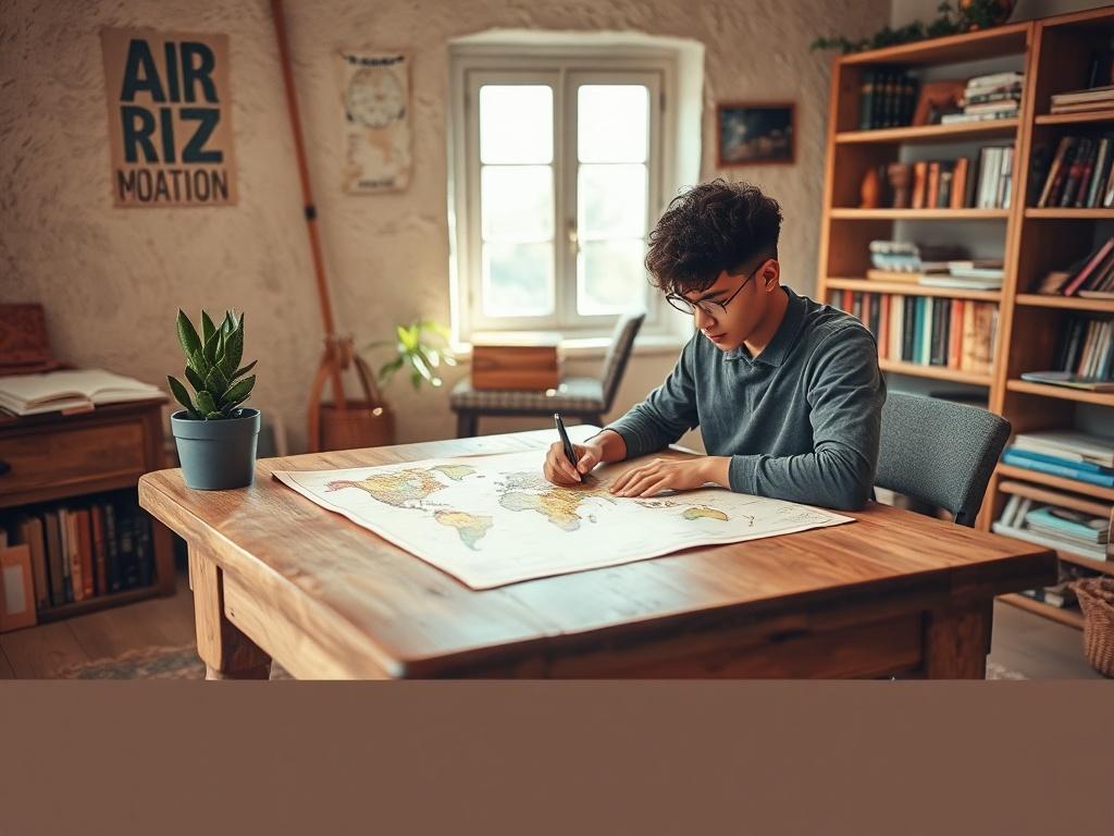 Create a realistic high-resolution photo that embodies the spirit of Jambito Education and Travels. The composition should be simple and clear, featuring a single subject: a young, diverse student seated at a rustic wooden desk, deeply engaged in studying a world map spread out before them. The student should represent an aura of curiosity and determination, dressed casually yet neatly, with a focused expression as they trace potential travel routes with their finger.

In the background, showcase a warm, in