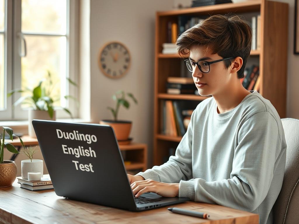 A student sitting at a desk in a cozy, well-lit room, focused on taking the Duolingo English Test on a laptop. The background features soft, earthy tones with a bookshelf filled with books and a plant, creating an inviting and calm study atmosphere. The student, a young adult, appears engaged and thoughtful, reflecting the dedication required for taking the test.