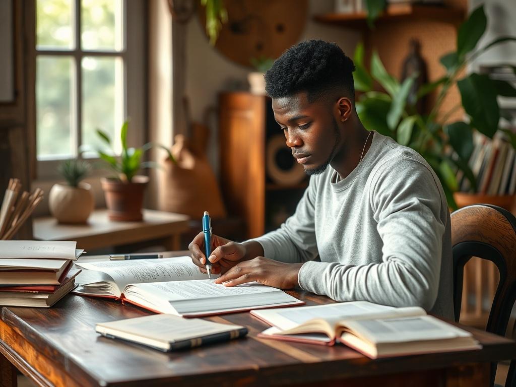 A focused student studying for the TOEFL exam, sitting at a wooden desk with books and notes spread out in front of them. The student, a young adult of African descent, is reviewing a practice test while taking notes. The background shows a cozy study space with natural light coming through a window, earthy textures, and green plants, creating a warm and inviting atmosphere.