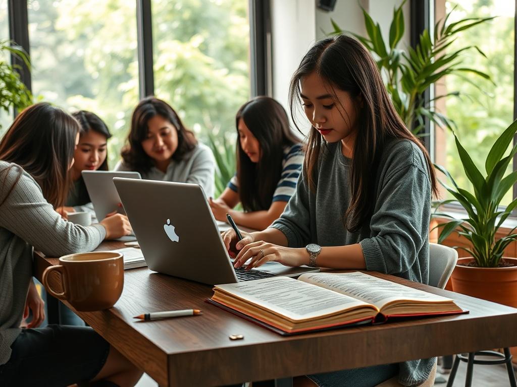 Create a realistic high-resolution photo that reflects the theme of "Understanding the GIC: A Key to Studying Abroad." The composition should be simple and clear, featuring a single subject: a diverse group of international students gathered around a modern study table. 

The primary focus of the image will be a female student, of Asian descent, deeply engaged in studying her laptop, with a dedicated look on her face. Alongside her, there’s an open textbook with highlighted passages, a notebook filled with 