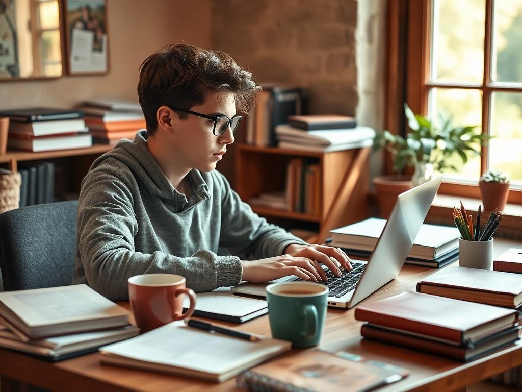 A high-resolution image of a young student sitting at a desk, focused on their laptop while reviewing study loan options. The desk is cluttered with textbooks, stationery, and a cup of coffee. The background features a cozy study environment with warm, earthy tones and a window showing a sunny day outside. The overall composition emphasizes a sense of determination and hope for the future.