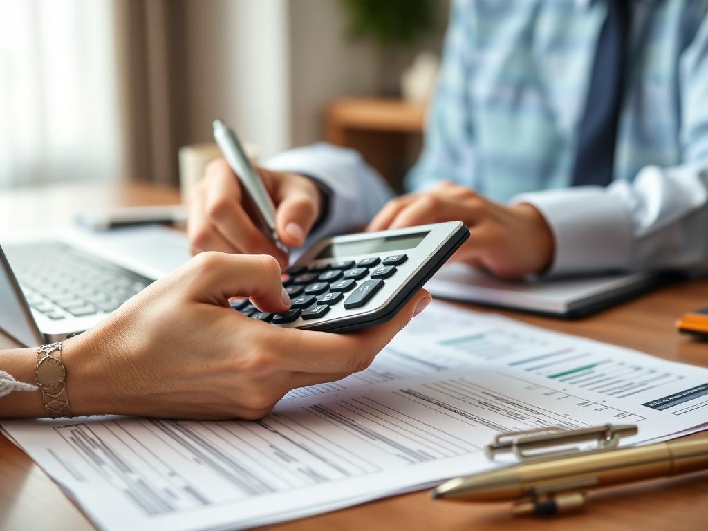 A close-up of a tax professional reviewing financial documents, with a calculator in hand, focused on a desk filled with organized tax paperwork and a laptop open in the background. The setting is well-lit and exudes a sense of professionalism and accuracy.