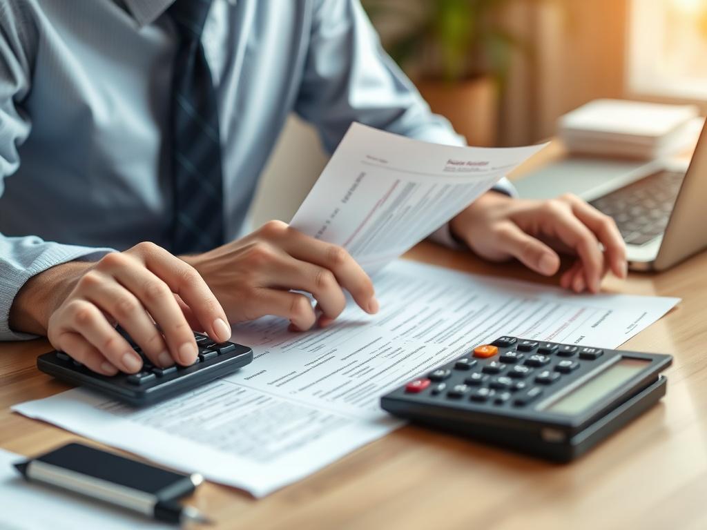 A focused close-up shot of a professional accountant reviewing personal tax documents on a desk, with a calculator and a laptop in the background. The setting should be bright and organized, emphasizing accuracy and professionalism. The primary color scheme should feature shades of rgb(4, 104, 120) to highlight the brand identity.