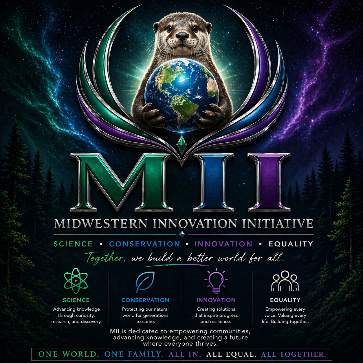 Illustrated MII identity emblem featuring an otter holding the Earth and the four organizational pillars.