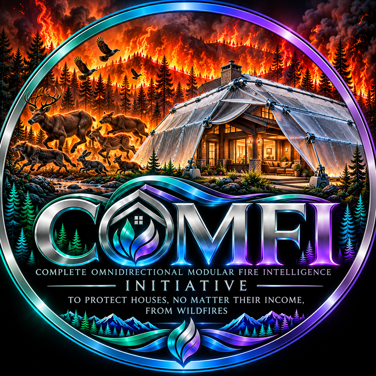 COMFI concept artwork depicting a home with a proposed protective covering amid a wildfire illustration; not a photograph or validated system.
