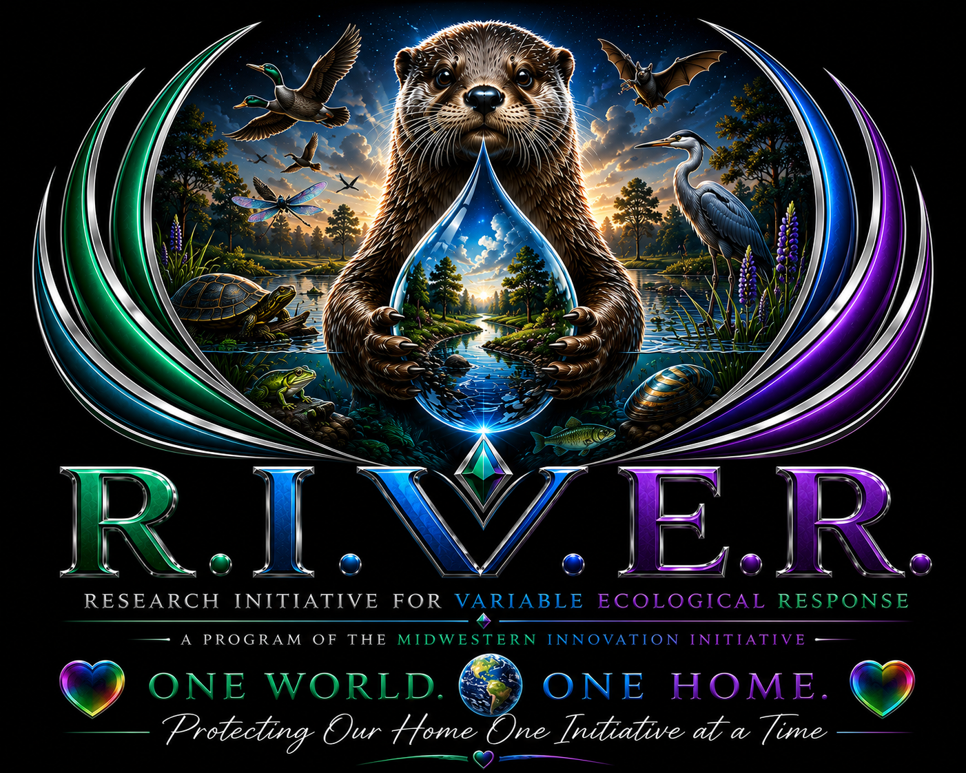 Illustrated RIVER project identity showing an otter and floodplain wildlife around a water landscape; conceptual artwork, not a site photograph.