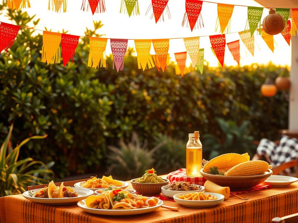 A vibrant and inviting scene showcasing a traditional Mexican fiesta. The image features a beautifully decorated outdoor setting with colorful papel picado banners fluttering in a gentle breeze. A single table is set with an array of traditional Mexican dishes such as tacos, guacamole, and elote. Soft golden lighting creates a warm and inviting atmosphere, enhancing the festive mood. In the background, lush greenery adds to the cozy and serene environment.