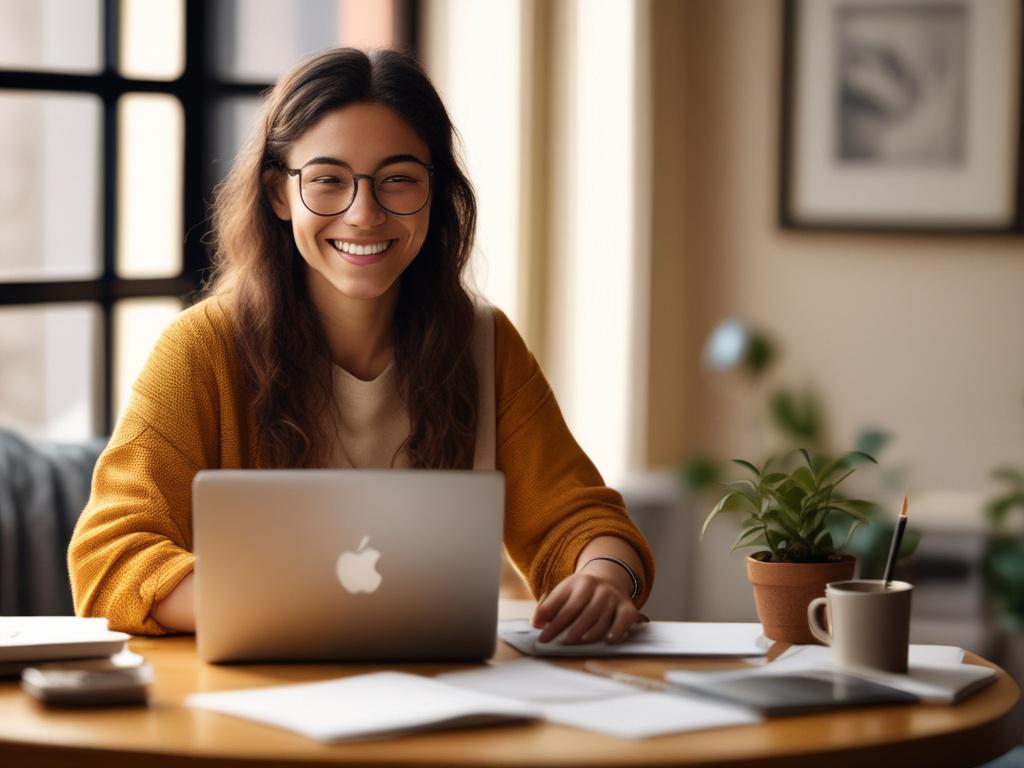 A cozy, serene atmosphere with warm golden hues. The focus is on a person seated comfortably at a stylish desk, using a Mac laptop to take an online Spanish lesson. The individual is engaged and smiling, showcasing enthusiasm for learning. The background features soft lighting and a few decorative plants, creating an inviting and peaceful study environment.