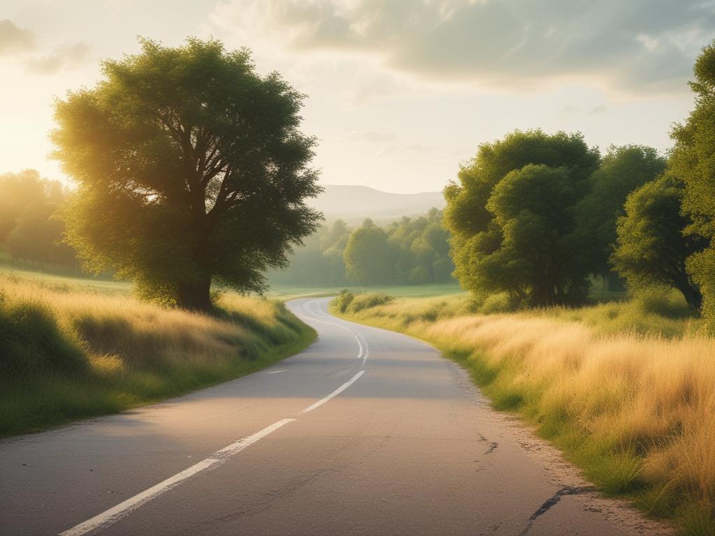 A serene landscape with a clear road leading into the