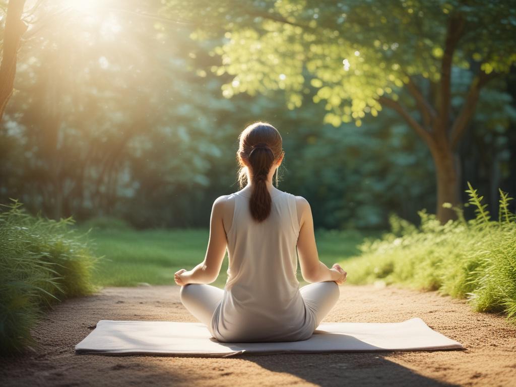 a calm person meditating in a peaceful garden, soft natural