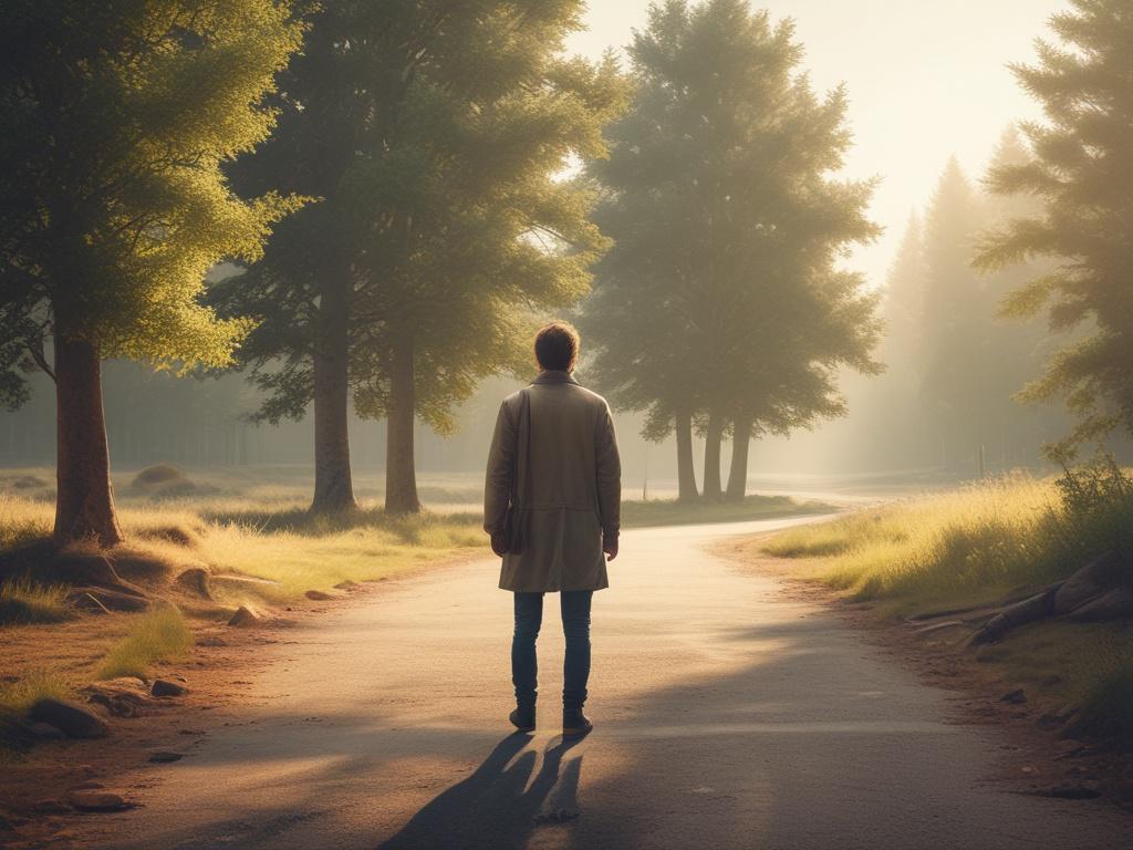 a person standing at a crossroads in nature, contemplating the