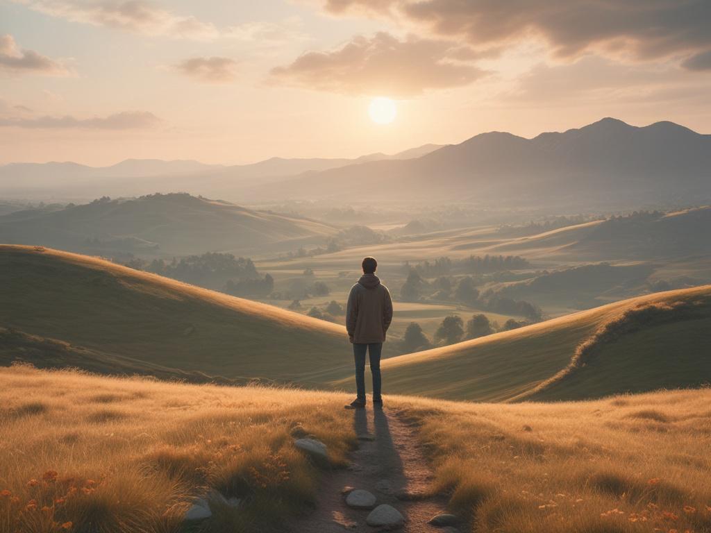 a serene landscape with a person standing on a hilltop