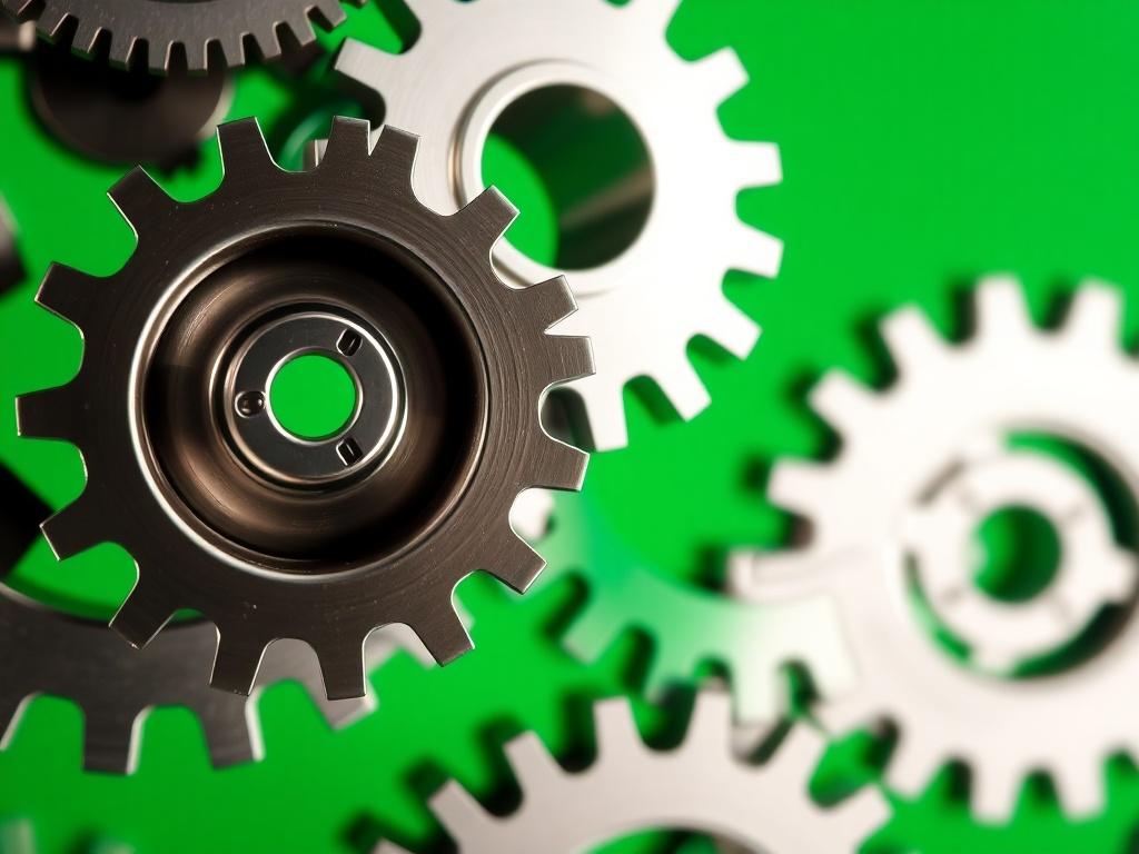 A hyper realistic close up image of gears interlocking, symbolizing