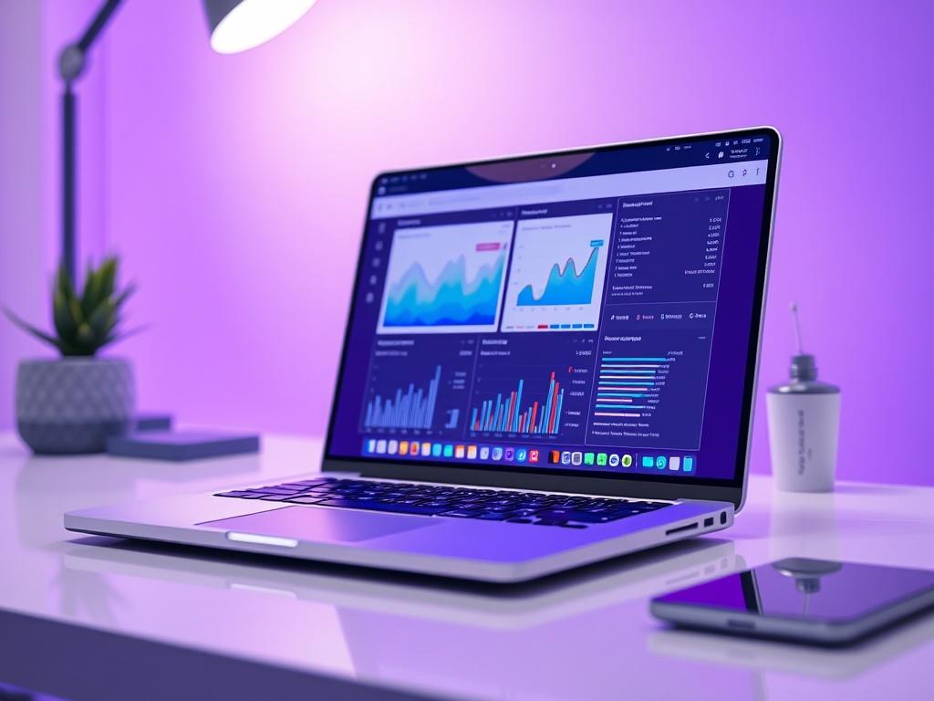 A hyper-realistic close-up of a sleek laptop on a modern desk, showcasing a vibrant display with graphs and automated workflows. The desk has minimalistic decor with a soft purple background that complements the theme. The laptop screen should reflect a professional interface, symbolizing the efficiency and innovation of AI automation.