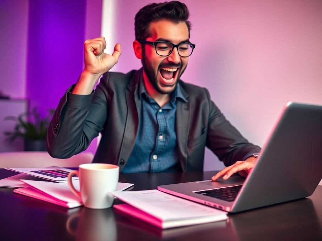 A close-up shot of a small business owner excitedly using a laptop, surrounded by notes and a coffee cup. The background is minimalistic with hints of purple and white. The lighting creates a warm and inviting atmosphere, showcasing a sense of productivity and enthusiasm.
