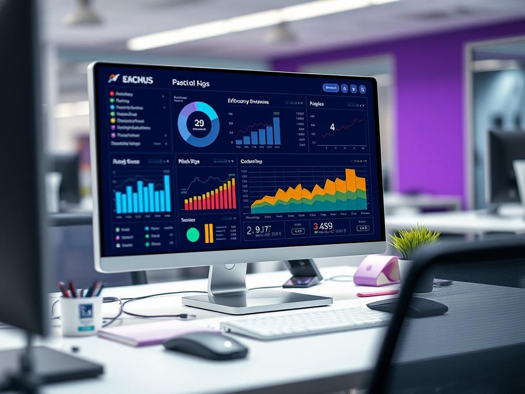 A hyper-realistic close-up shot of a digital dashboard showcasing various automated workflow tools in action. The screen displays graphs and analytics representing efficiency improvements. The workspace is organized and sleek, with a purple and white theme. The lighting is bright, creating an inviting atmosphere. The focus is solely on the dashboard, with a blurred background of office elements, conveying a sense of innovation and professionalism.