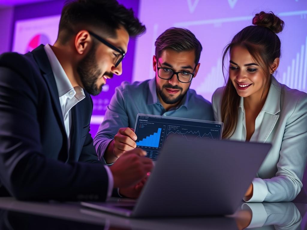 A close-up shot of a professional team collaborating over a laptop, with graphs and charts displayed on the screen. The background features a purple and white color scheme, signifying innovation and teamwork. The atmosphere conveys productivity and strategic planning.