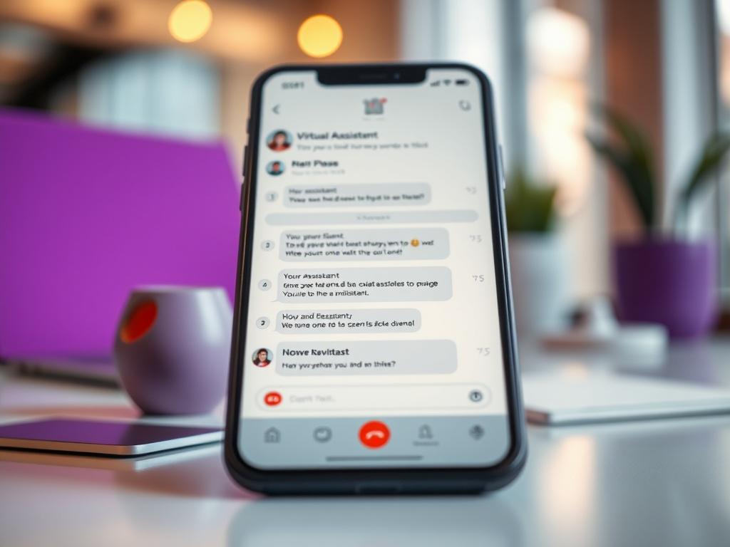 A hyper-realistic close-up shot of a virtual assistant interface on a mobile device, showing a chat window with messages being answered promptly. The background features a stylish desk with a purple and white color scheme. The lighting is warm and welcoming, creating a friendly vibe. The focus is on the screen, highlighting the efficient communication capabilities of the virtual assistant, while the background subtly showcases elements of a modern office.