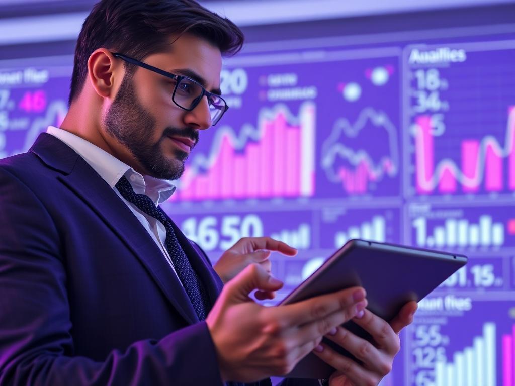 A close-up shot of a confident business leader reviewing analytics on a tablet, with dynamic visuals and data charts in the background. The aesthetic is purple and white, reflecting professionalism and high-level business operations.