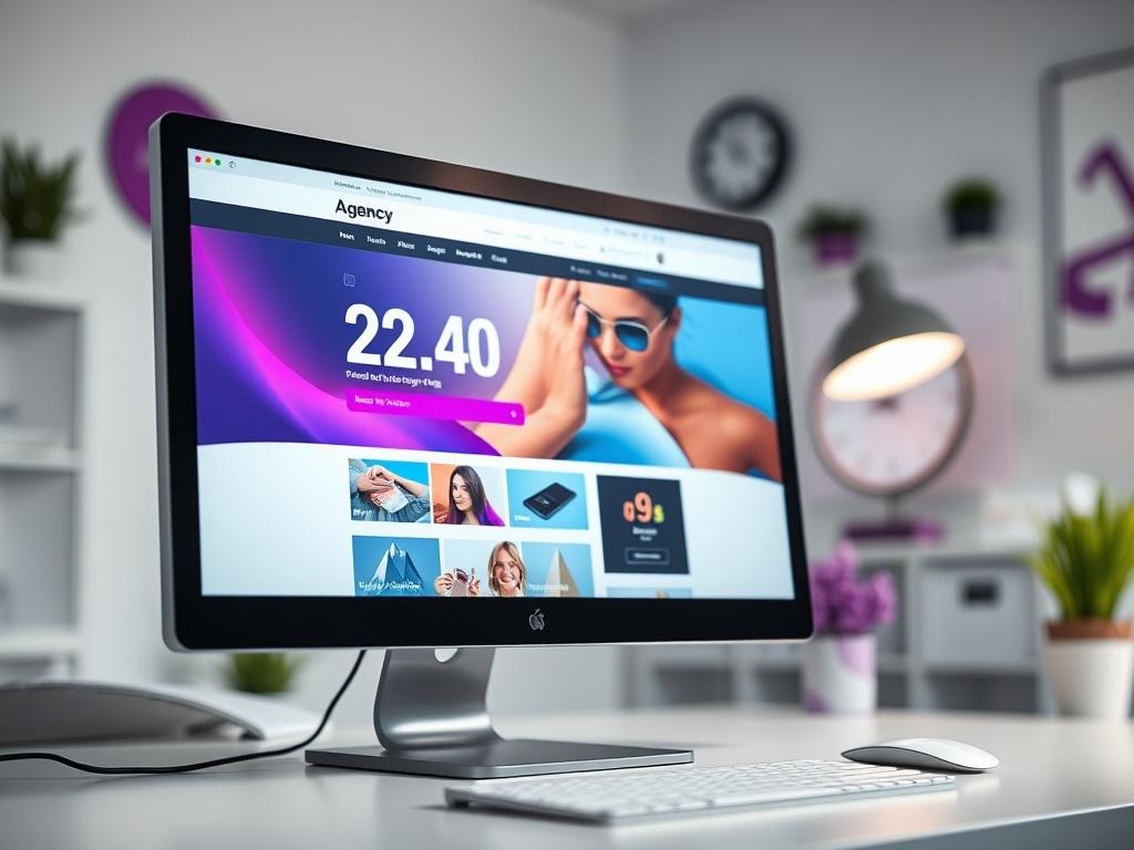 A hyper-realistic close-up shot of a computer screen displaying a beautifully designed website, with a clock showing 24 hours in the background. The setting is a clean, modern workspace with a minimalist aesthetic. The lighting is soft and focused on the screen, highlighting the vibrant colors of the website design. The background is slightly blurred to emphasize the computer screen, with hints of purple and white decor to align with the agency's branding.