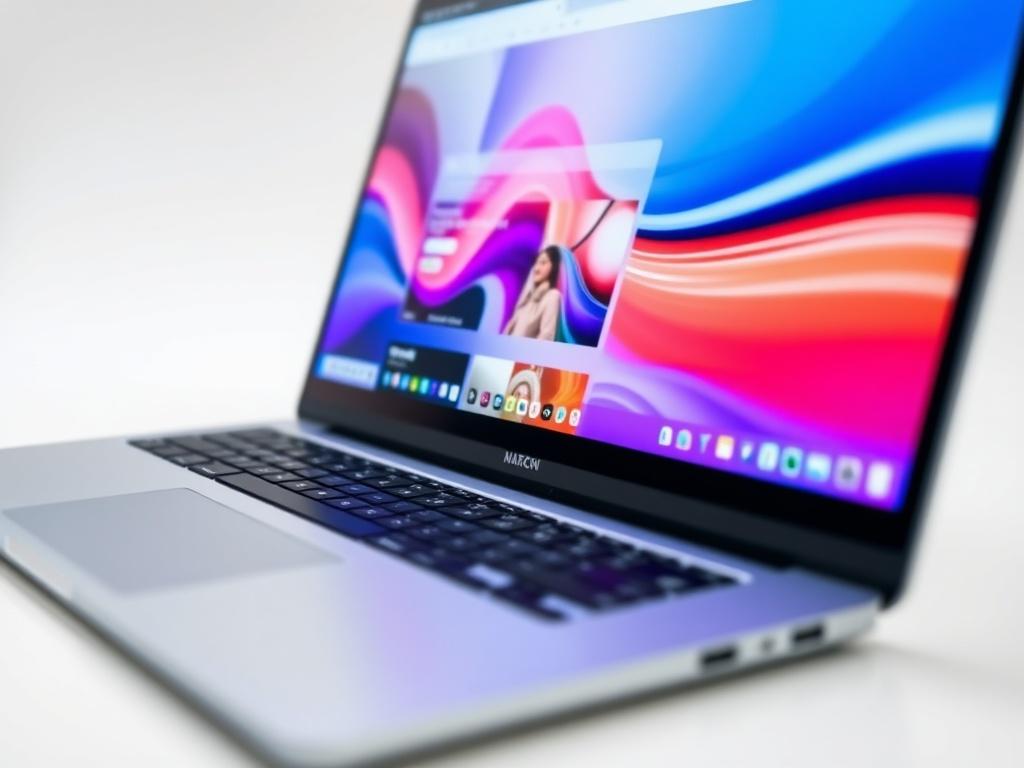 A close-up shot of a laptop displaying a modern website design, set against a simple white background. The screen should show vibrant colors with a focus on a clean layout. The image should evoke a sense of speed and efficiency, capturing the essence of rapid website development.