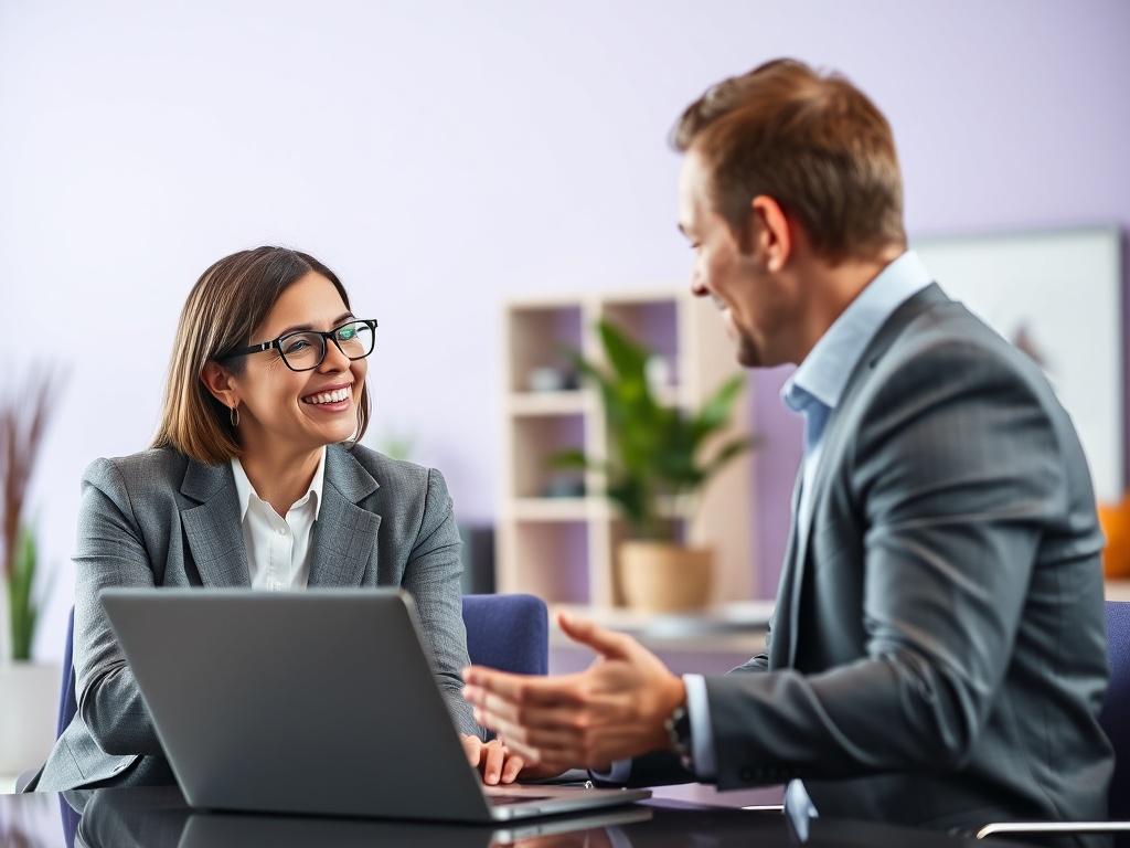A professional consultant discussing with a client in a modern office setting. The consultant is smiling and engaged, utilizing a laptop. The background is soft purple with minimalistic decor, focusing on the interaction.